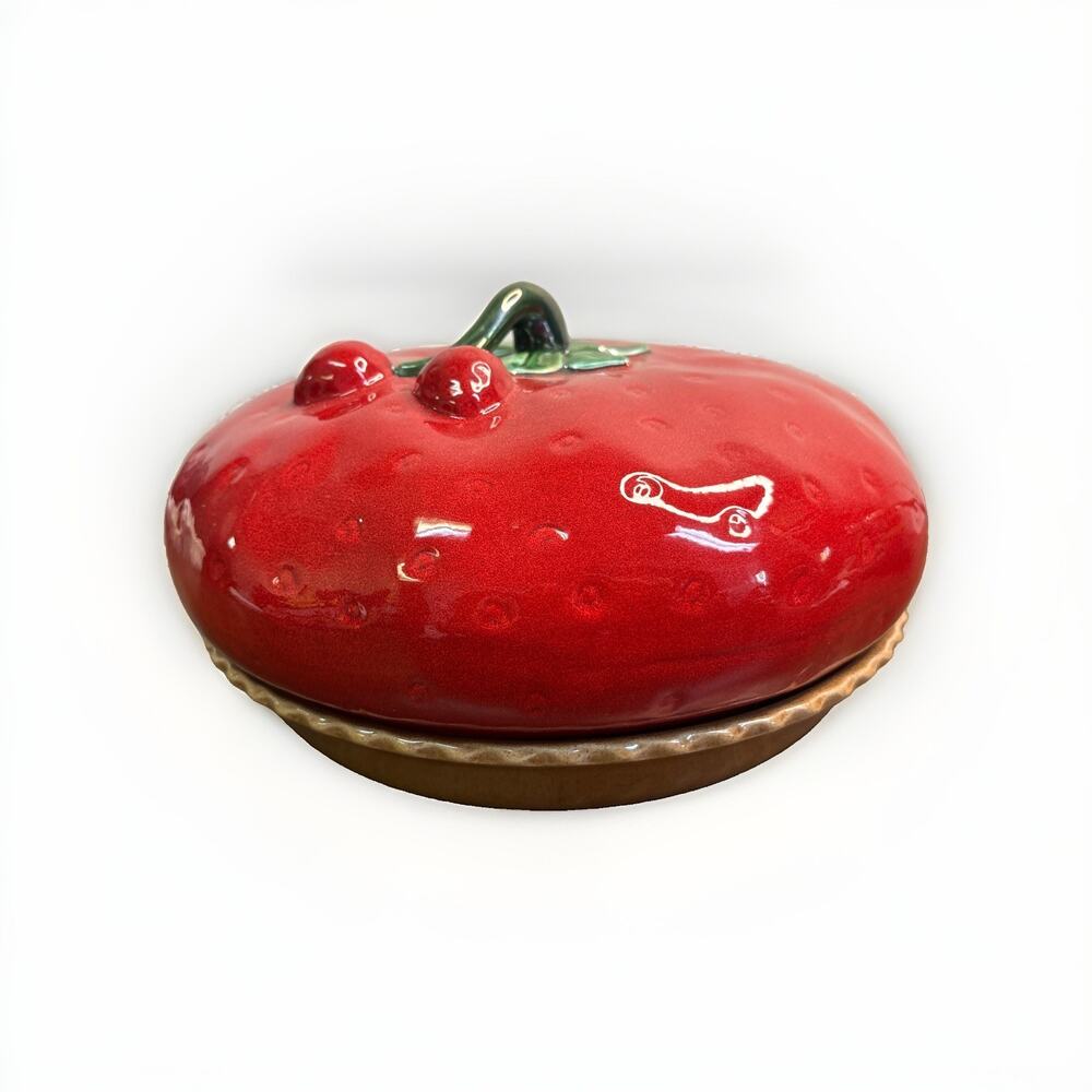 Vintage Sanor Ceramica Portugal Strawberry Pie Saver Covered Dish 13” Ceramic